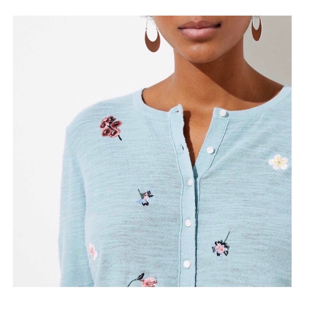 LOFT Blue Floral Embroidered Cotton Cardigan Sweater Small NWT 530976 - Picture 2 of 7